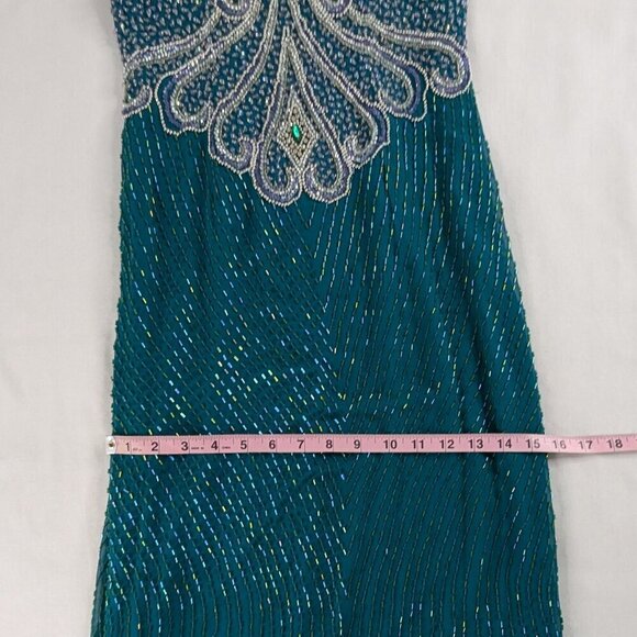 VTG Landa Teal Green Blue Silk Beaded Keyhole Back Maxi Dress Formal Glam - Picture 7 of 10